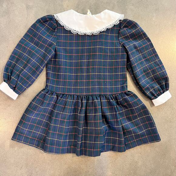 Vintage Academia navy blue green plaid school girl smock dress girl 2T peter pan - Picture 5 of 5